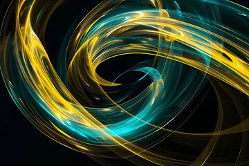 Abstract neon swirls with yellow and turquoise glowing shapes. Vibrant art on black background.