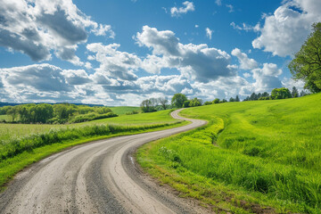 Naklejka premium A winding country road bordered by lush green fields under a sunny sky.