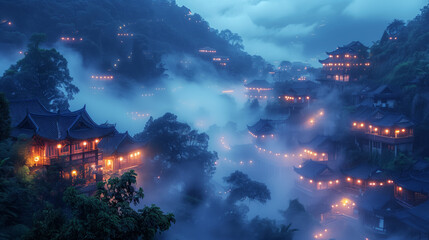 A tranquil Chinese village is blanketed by a sea of clouds under the veil of night, creating a serene and mystical ambiance