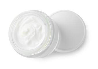 Jar of body care cream isolated on white, top view