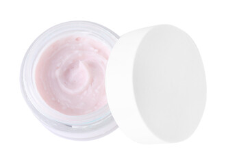 Jar of body care cream isolated on white, top view