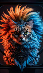 The cat's facial hair is decorated with intricate black jewelry