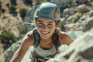 A girl climber in professional equipment and a protective helmet smiles and looks at the camera, anchored on a rock.