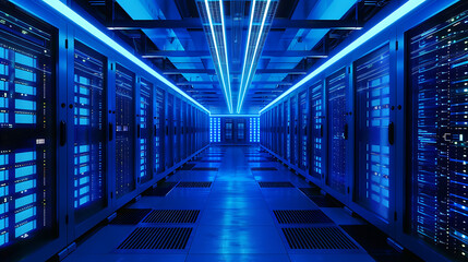 The image shows the interior of a data center with multiple rows of server racks. The server racks are tall and black, equipped with numerous slots, 