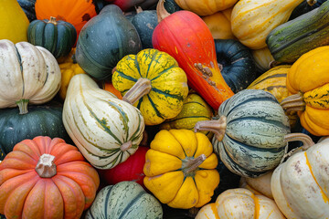 Wide view of assorted squashes autumn harvest spectrum 