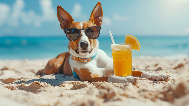Ibizan Hound Dog Soaking up the Summer Sun, Laying on the Beach with Sunglasses During Vacation