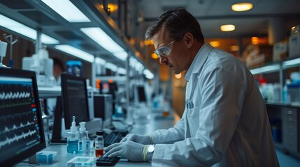 A man in lab coat working on computer with a bottle of liquid, AI