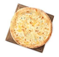 Delicious cheese pizza isolated on white, top view