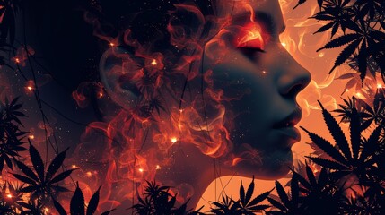 A woman's face is surrounded by marijuana plants and fire, AI - obrazy, fototapety, plakaty