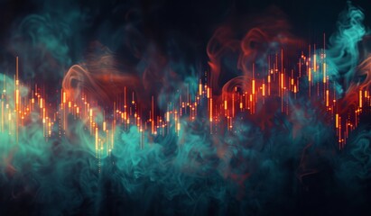 A stock market graph on an abstract background, with red and blue colors representing the market's movement. 