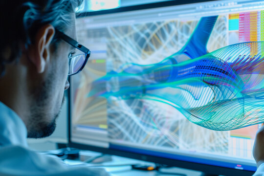 Zoomed-in image of an aerospace engineer designing a supersonic aircraft wing, computational fluid dynamics simulation on screen 