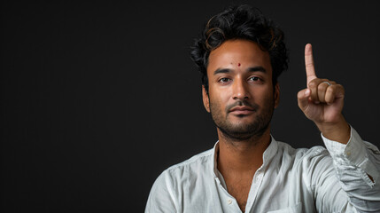 man holding up his hand, pointing to something