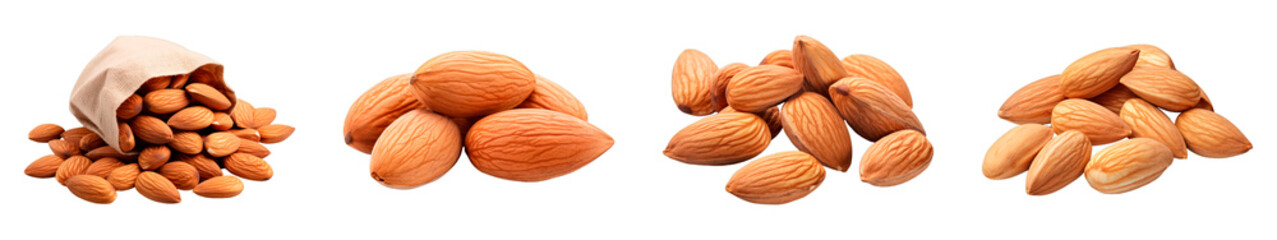 Collection of Raw Almonds isolated on transparent png background. Generative ai