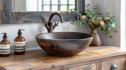 Stylish vessel sink and faucet on wooden countertop. Interior design of modern bathroom