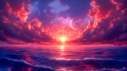 3D illustration of a beautiful sunset over the sea with a crescent moon