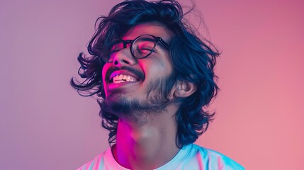 confident Laughing expression natural face smile side away looking background isolated glasses wearing man hispanic Adult young boy indian male portrait excited yes success happy joy fashion cool