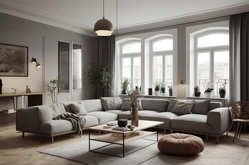 A living room with a couch and a coffee table. Scandinavian interior designs.