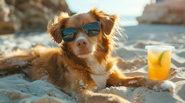 Nova Scotia Duck Tolling Retriever Dog Relaxing on Warm Sands, Enjoying Summertime with Sunglasses on a Seaside Vacation