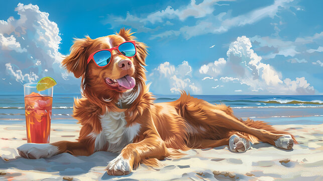 Nova Scotia Duck Tolling Retriever Dog on a Summertime Retreat, Laying on the Beach Sand Wearing Sunglasses