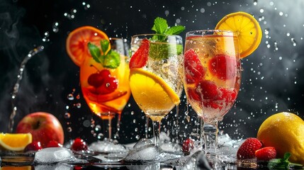 Elegant glasses brimming with sparkling mocktails, featuring a mix of fresh fruits, flavored syrups, and fizzy soda water, garnished with citrus twists, realistic photo - obrazy, fototapety, plakaty