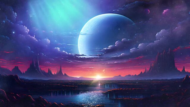 Majestic alien twilight landscape with a large planet and vibrant reflections on the water. Extraterrestrial nature scene. Seamless looping 4k time-lapse virtual video animation background