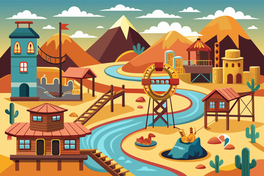 Wild West playground with a frontier town, horse rideon toys, and gold panning streams