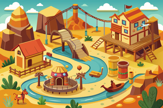 Wild West playground with a frontier town, horse rideon toys, and gold panning streams