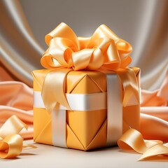 Elegant Golden Gift Box Adorned With a Luxurious Satin Ribbon