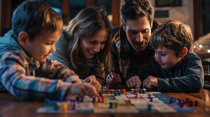 A playful family game night with board games and friendly competition, encouraging teamwork and laughter on International Day of Families.
