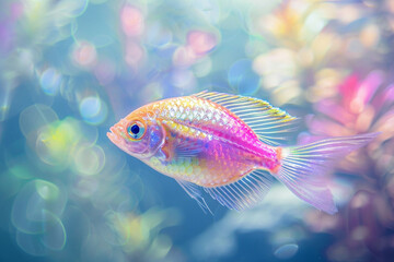 A vibrant, transparent fish swims slowly through a transparent aquarium, its iridescent scales shimmering in the light.