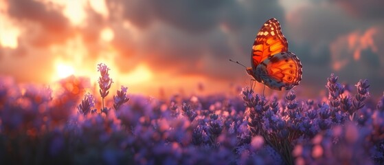 Vivid butterfly on lavender flowers at sunset