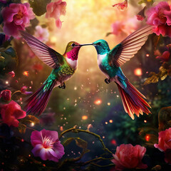 A pair of hummingbirds facing each other in a enchanted garden, generative AI