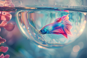 A vibrant, transparent fish swims slowly through a transparent aquarium, its iridescent scales...