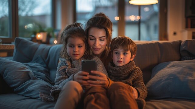 woman and two children sitting on a couch, engaged in looking at a cell phone.