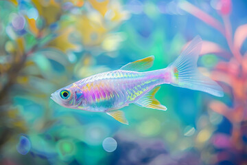 Fototapeta premium A vibrant, transparent fish swims slowly through a transparent aquarium, its iridescent scales shimmering in the light.
