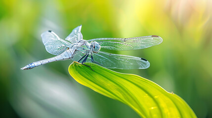 a dragonfly perched delicately on the edge of a vibrant green leaf