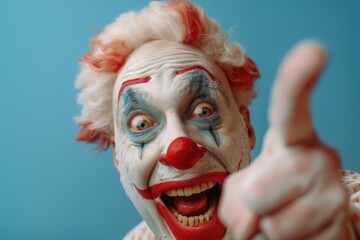 Close up of a clown giving a thumbs up gesture. Great for adding a fun touch to various projects - Powered by Adobe