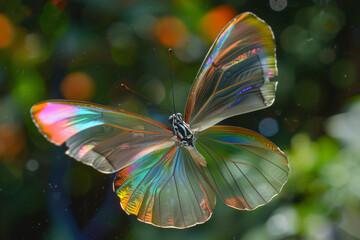 A vibrant, transparent butterfly hovers in mid-air, its iridescent wings shimmering in the light.