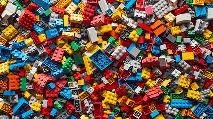 a colorful array of scattered LEGO bricks. Here are the details: The image showcases a large number of LEGO bricks in various vibrant colors