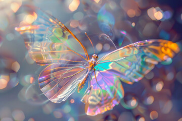 A vibrant, transparent butterfly hovers in mid-air, its iridescent wings shimmering in the light.