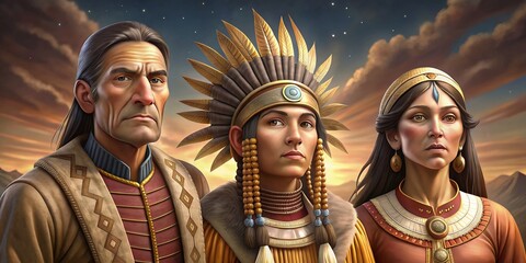 Illustration of a proud American Native Indian family in traditional dress