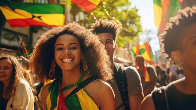 Happy Beautiful African American Woman with red, green and yellow flag symbolizing Juneteenth Freedom and African liberation day. Black life matters. Black history month. - Powered by Adobe