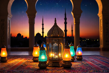 Arabian lamp on Persian rug in front of mosque