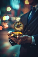 A man in a suit holding a pocket watch. Suitable for business and time management concepts