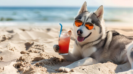 Obraz premium Siberian Husky Dog Soaking up the Summer Sun, Laying on the Beach with Sunglasses During Vacation