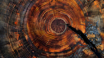 Obraz premium a close-up view of the cross-section of a tree trunk. Let’s explore the details: The intricate patterns of growth rings are prominently visible