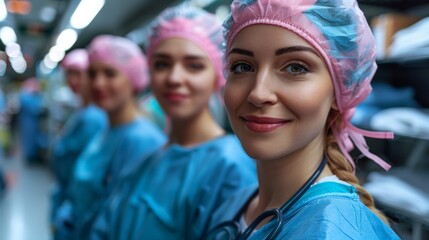 Fototapeta premium A group of a bunch of women in scrubs standing next to each other, AI