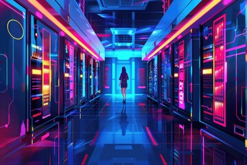 A person standing in a server room with neon lights. Suitable for technology and cybersecurity concepts
