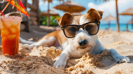 Wire Fox Terrier Dog Laying on the Beach Sand, Wearing Sunglasses and Enjoying the Seaside Ambiance During Summer - obrazy, fototapety, plakaty