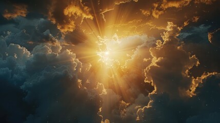 A radiant sunburst breaking through storm clouds, symbolizing hope and renewal in the face of challenges on Ascension Day. 8k, realistic, full ultra HD, high resolution, cinematic photography ar 16:9